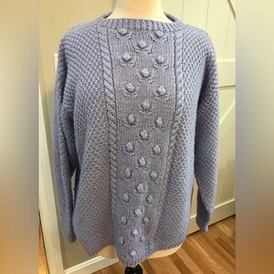 Women’s Large Blue Cowl Neck Sweater with Textured Knit and Bobble Design